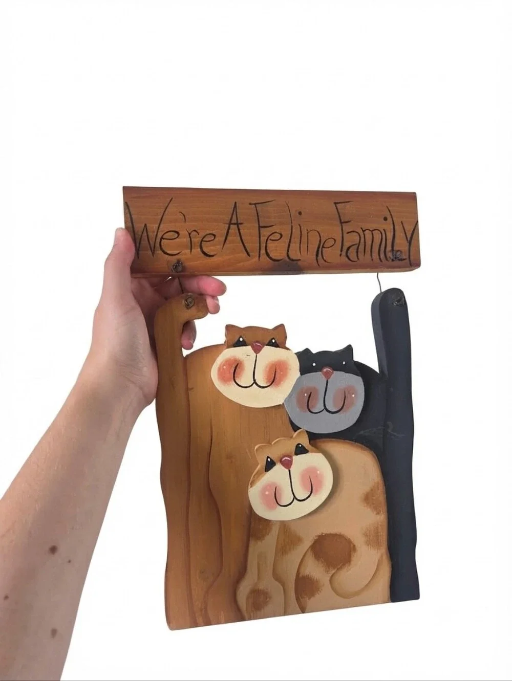 Handmade Wooden Cat Family Wall Hanging Sign Primitive Country Folk Art Decor